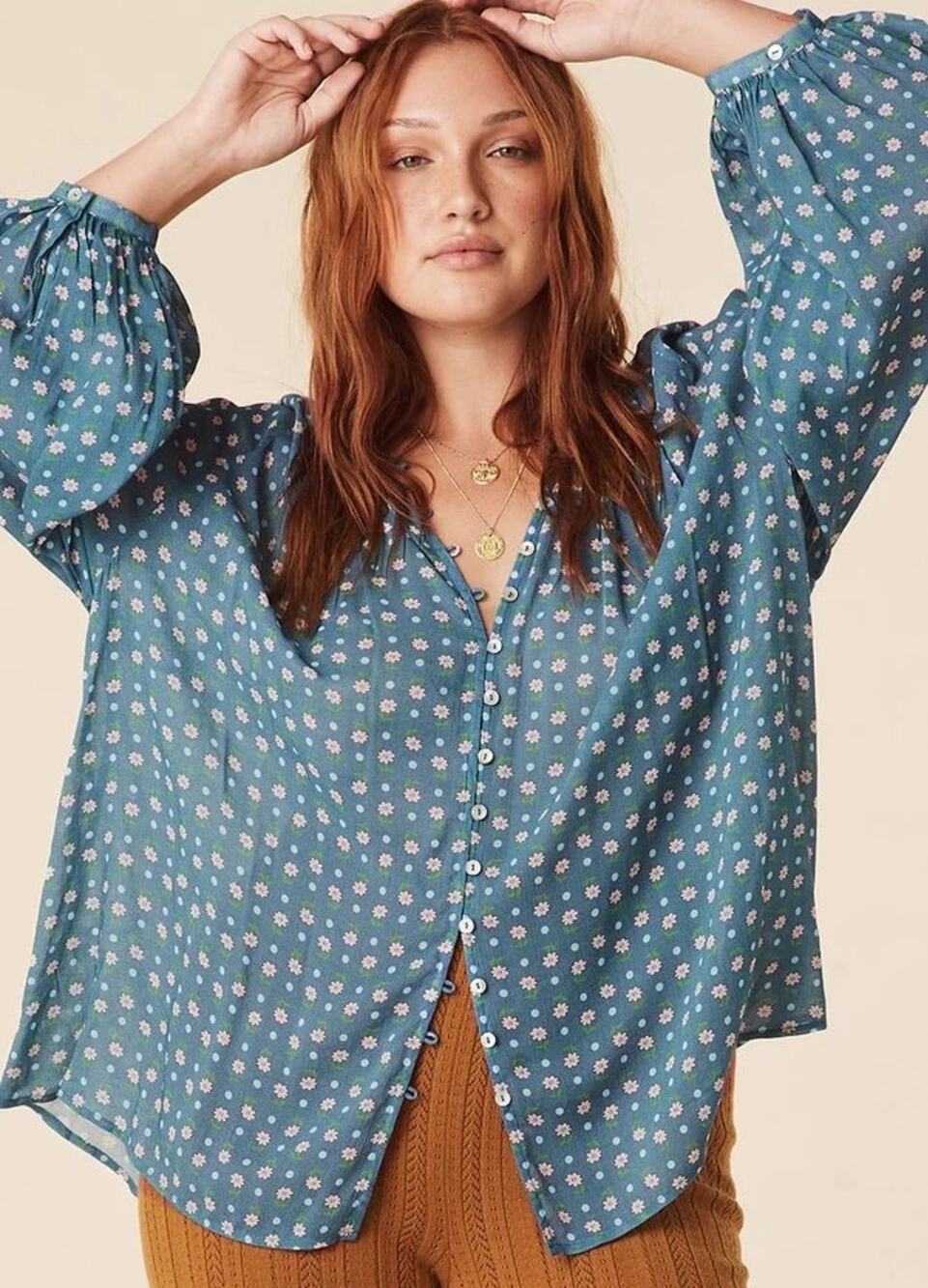 SPELL Yellow Rose Button Up Blouse Cornflower Blue Small S
